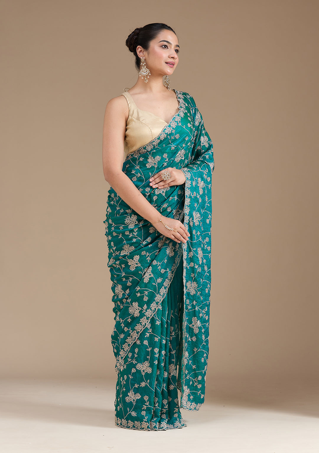 Rama Green Tissue Threadwork Saree With Matching Blouse Piece