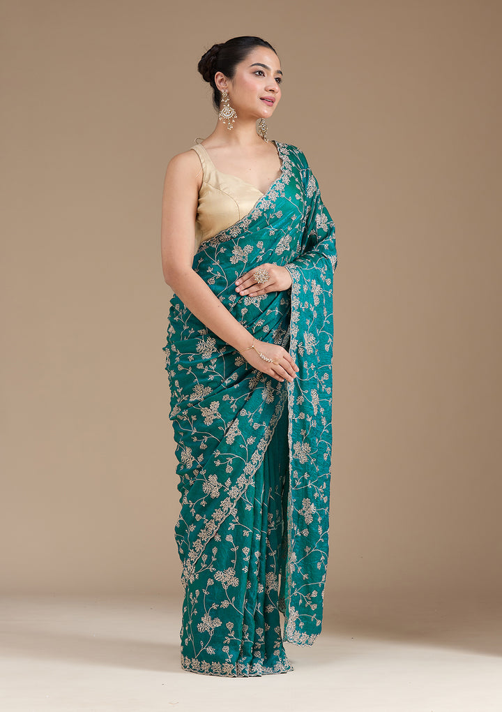 Rama Green Tissue Threadwork Saree With Matching Blouse Piece
