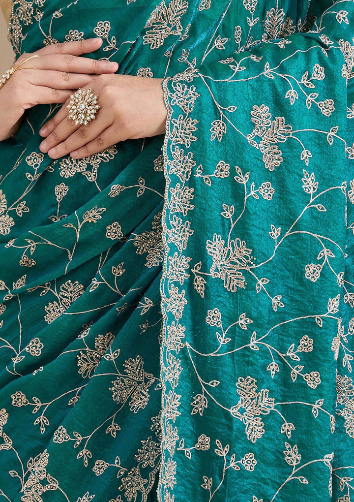 Rama Green Tissue Threadwork Saree With Matching Blouse Piece