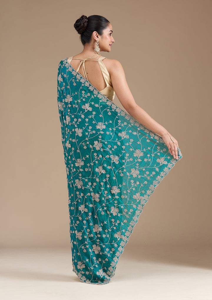 Rama Green Tissue Threadwork Saree With Matching Blouse Piece