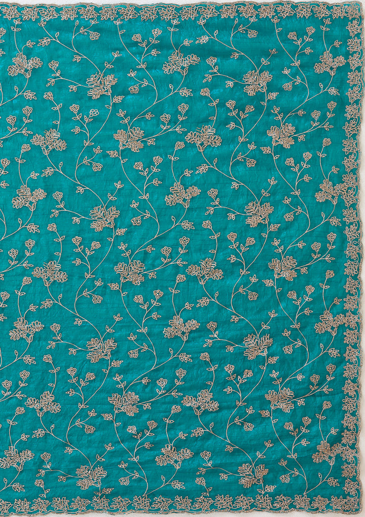 Rama Green Tissue Threadwork Saree With Matching Blouse Piece