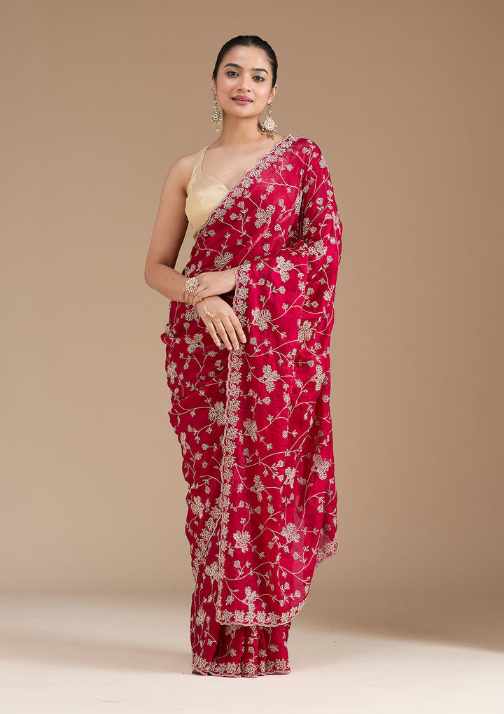 Rani Pink Tissue Threadwork Saree With Matching Blouse Piece