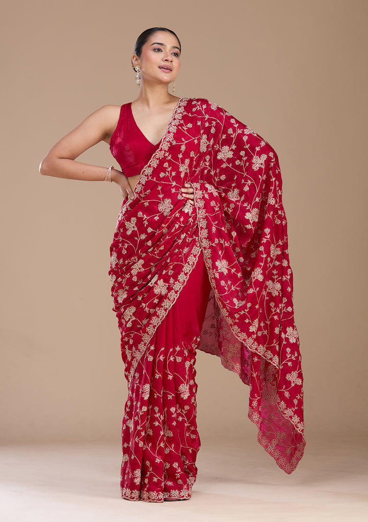 Rani Pink Tissue Threadwork Saree With Matching Blouse Piece