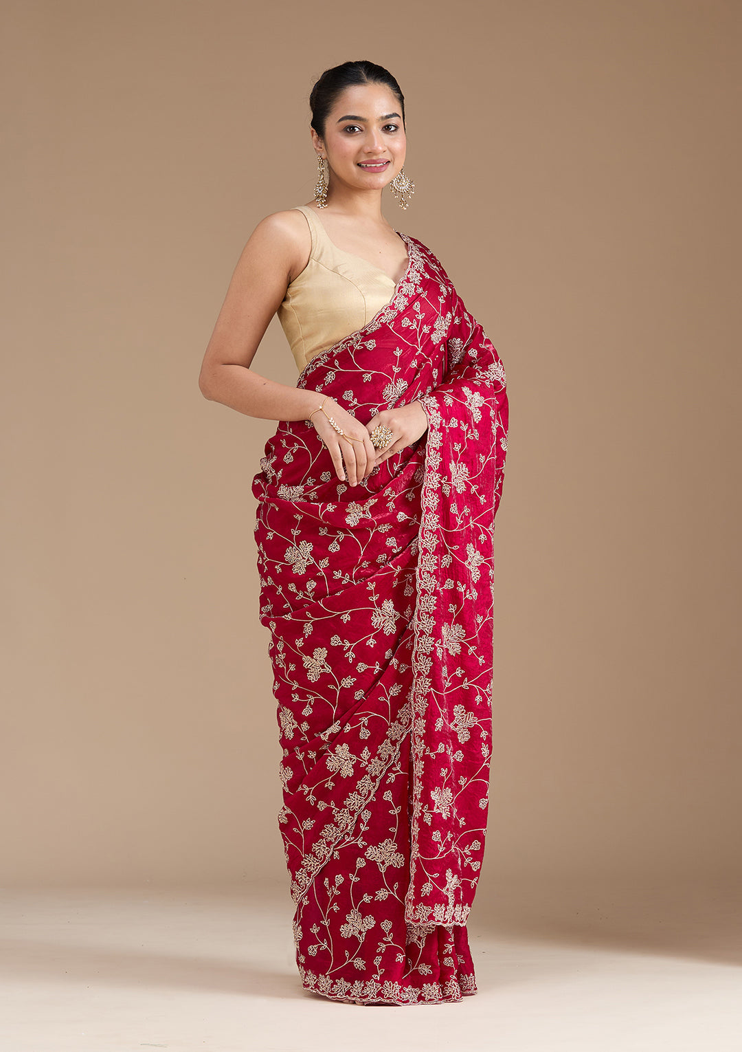 Rani Pink Tissue Threadwork Saree With Matching Blouse Piece