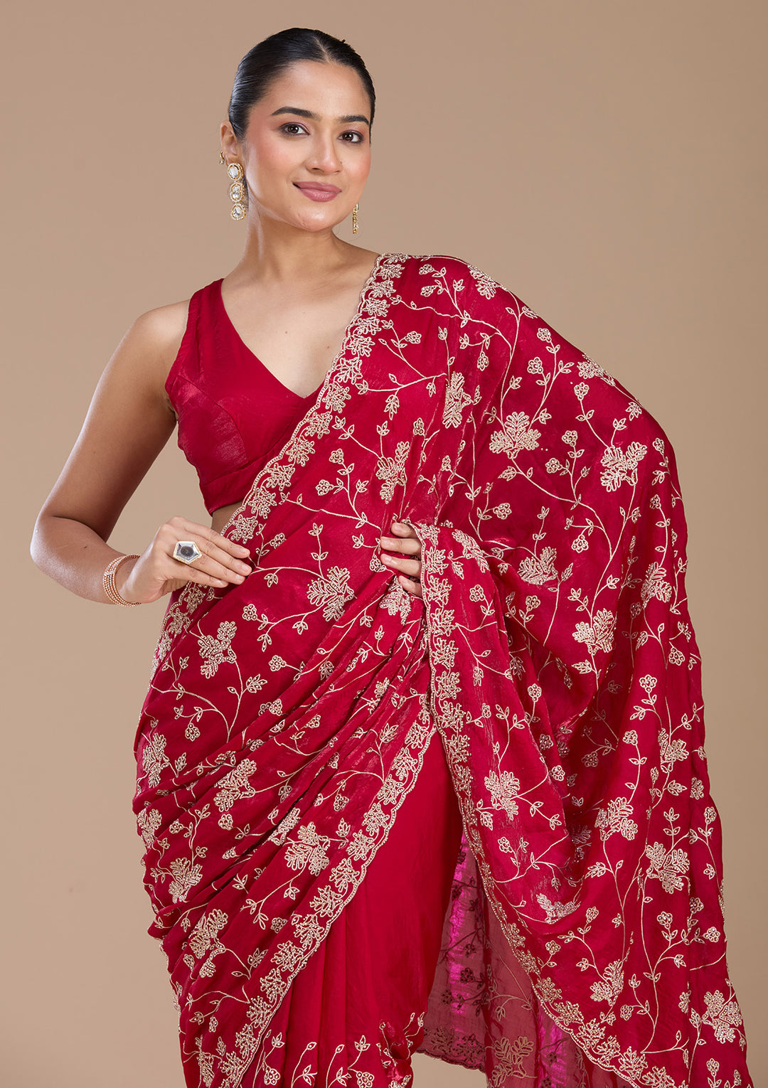 Rani Pink Tissue Threadwork Saree With Matching Blouse Piece