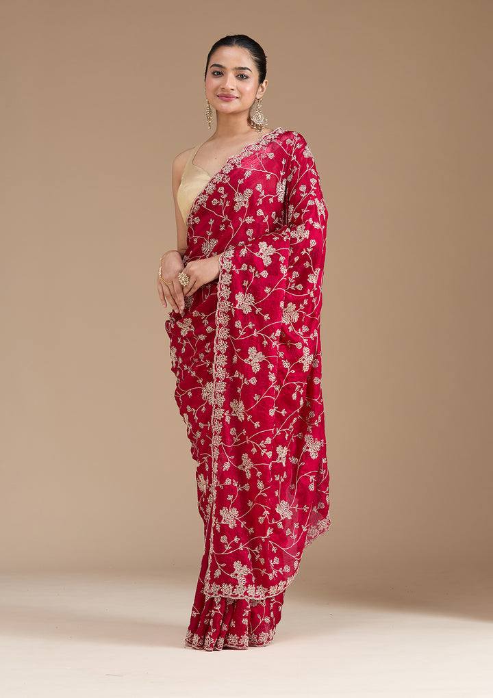 Rani Pink Tissue Threadwork Saree With Matching Blouse Piece