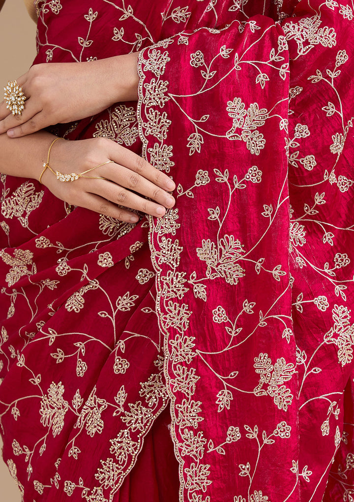 Rani Pink Tissue Threadwork Saree With Matching Blouse Piece
