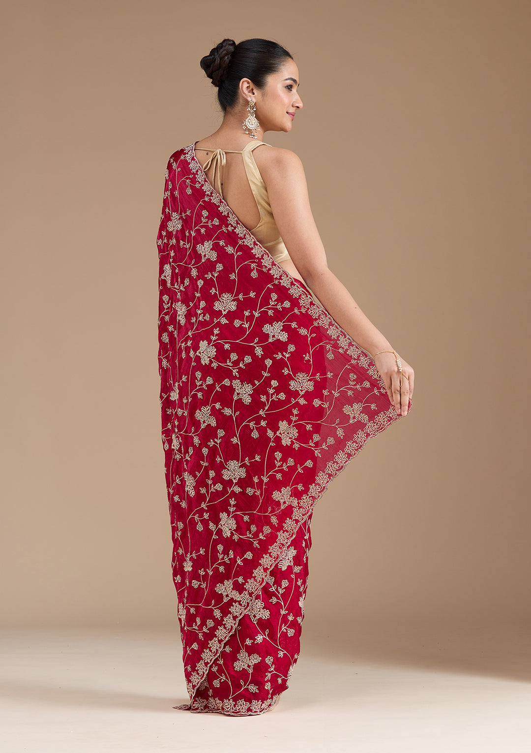 Rani Pink Tissue Threadwork Saree With Matching Blouse Piece