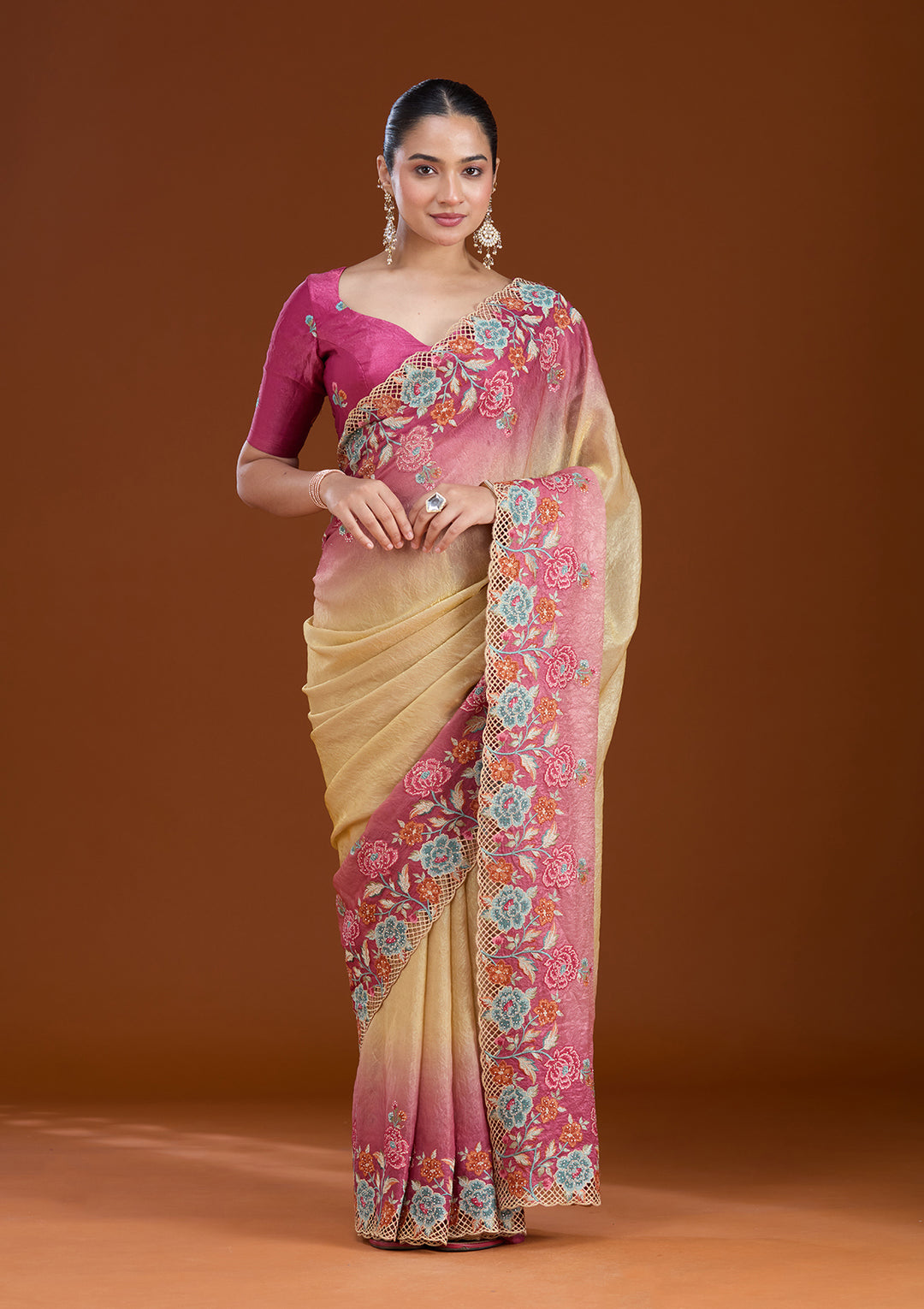Magenta Pink Tissue Threadwork Saree With Matching Blouse Piece