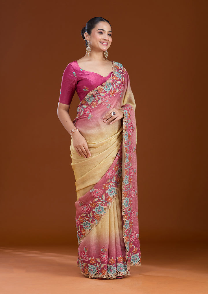 Magenta Pink Tissue Threadwork Saree With Matching Blouse Piece