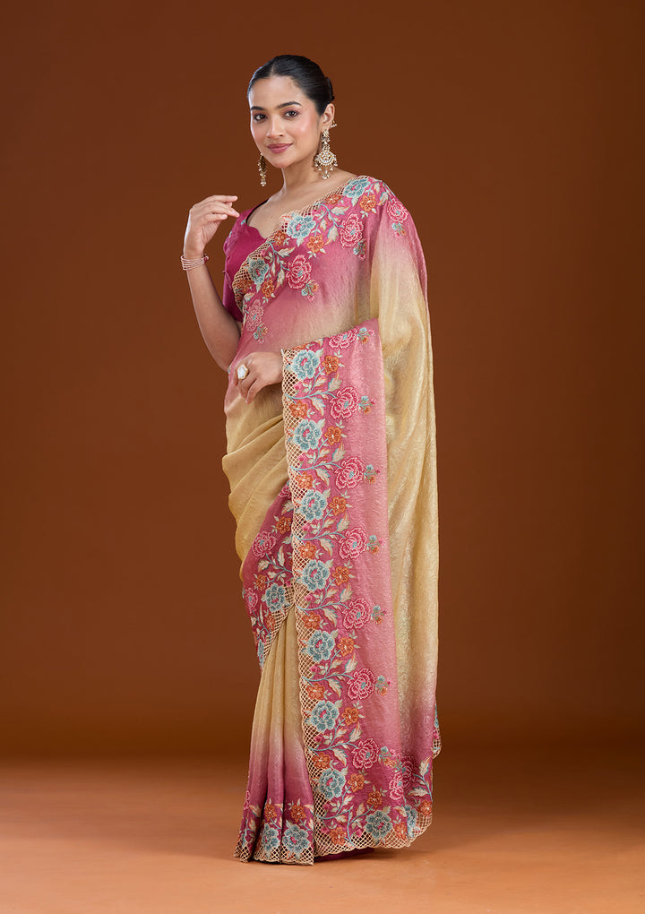 Magenta Pink Tissue Threadwork Saree With Matching Blouse Piece