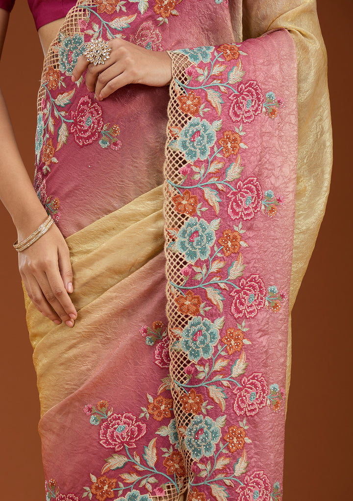 Magenta Pink Tissue Threadwork Saree With Matching Blouse Piece