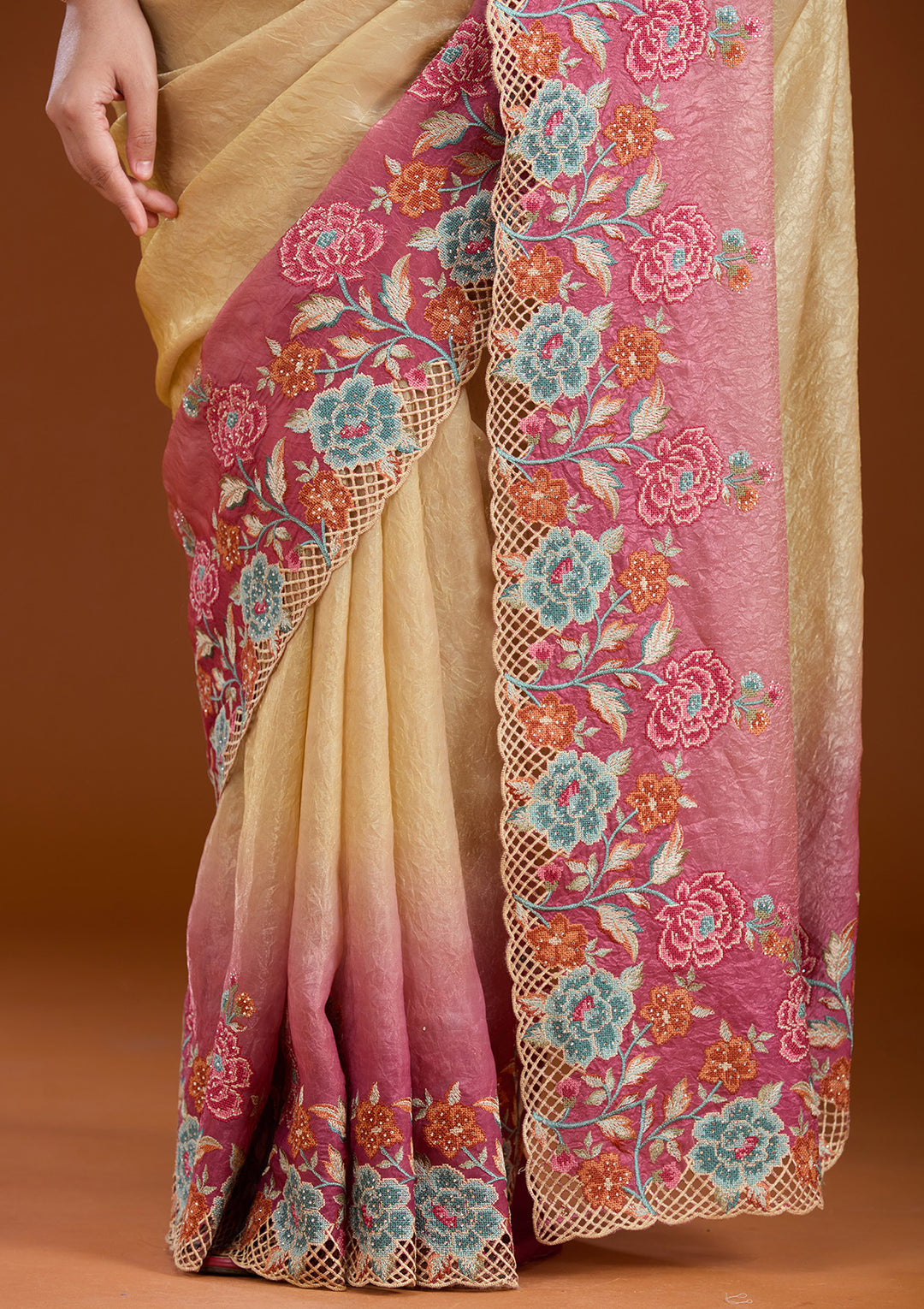 Magenta Pink Tissue Threadwork Saree With Matching Blouse Piece