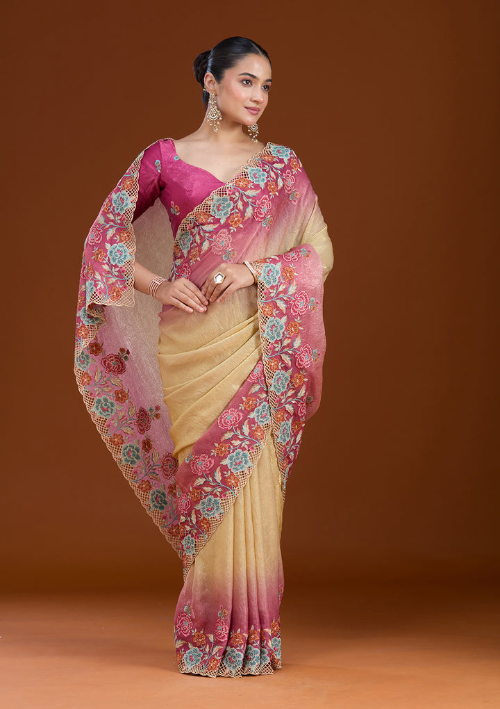 Magenta Pink Tissue Threadwork Saree With Matching Blouse Piece