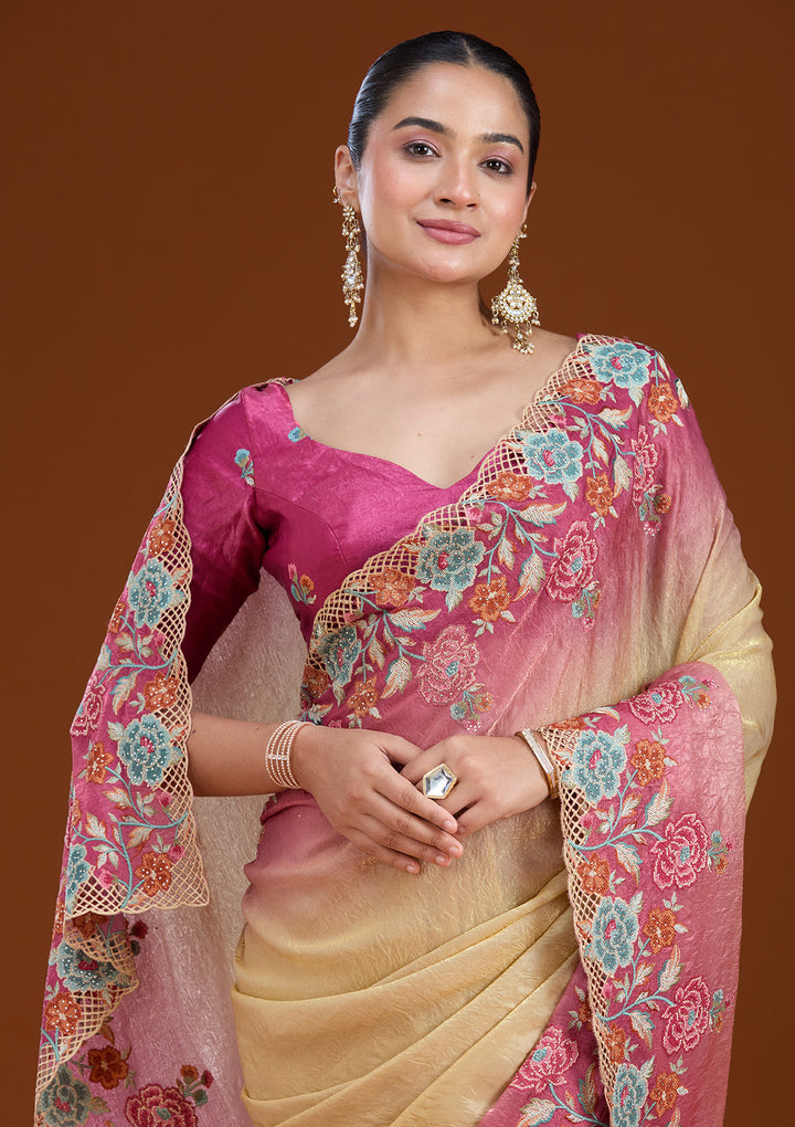 Magenta Pink Tissue Threadwork Saree With Matching Blouse Piece