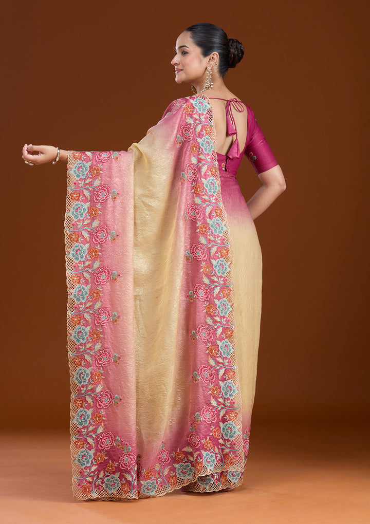 Magenta Pink Tissue Threadwork Saree With Matching Blouse Piece