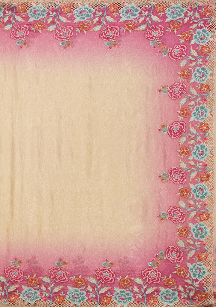 Magenta Pink Tissue Threadwork Saree With Matching Blouse Piece