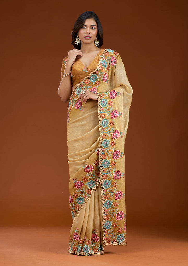 Mustard Threadwork Tissue Saree