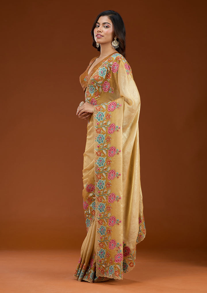 Mustard Threadwork Tissue Saree