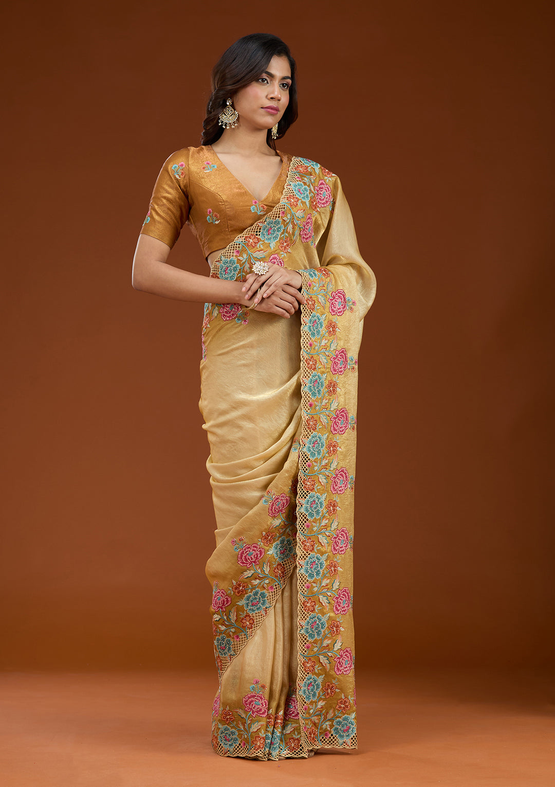 Mustard Threadwork Tissue Saree