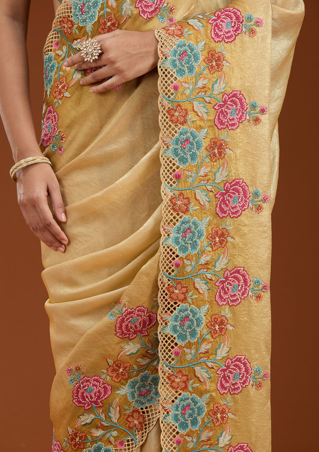 Mustard Threadwork Tissue Saree