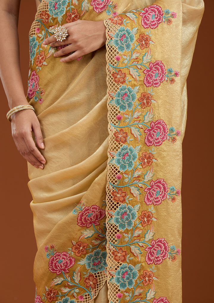 Mustard Threadwork Tissue Saree
