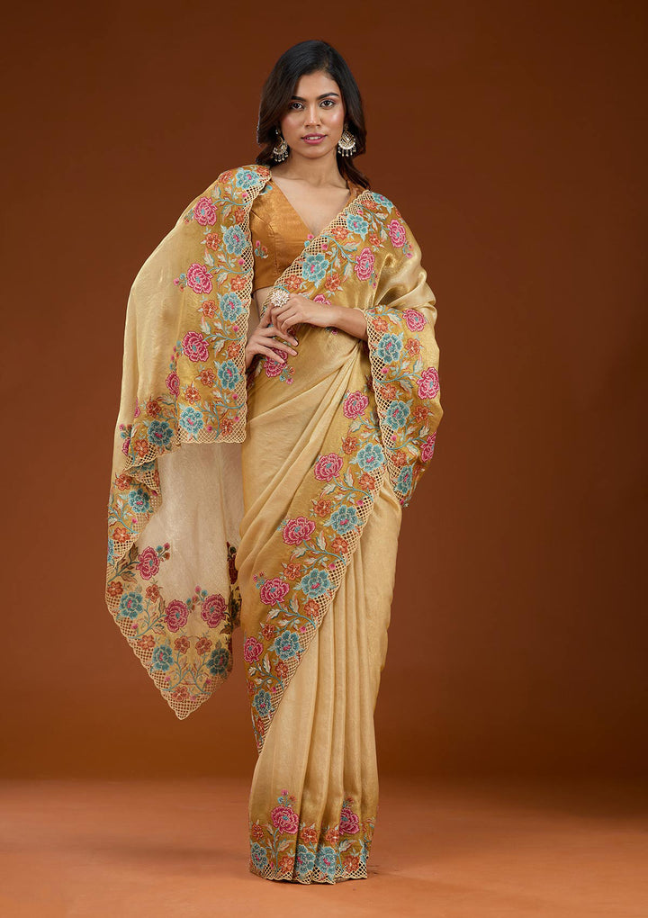 Mustard Threadwork Tissue Saree