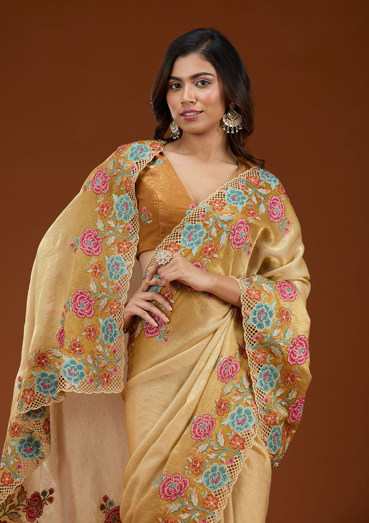 Mustard Threadwork Tissue Saree