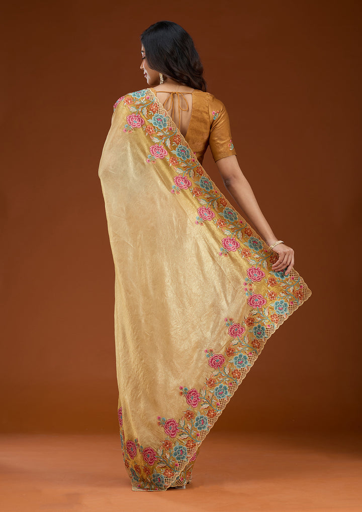 Mustard Threadwork Tissue Saree