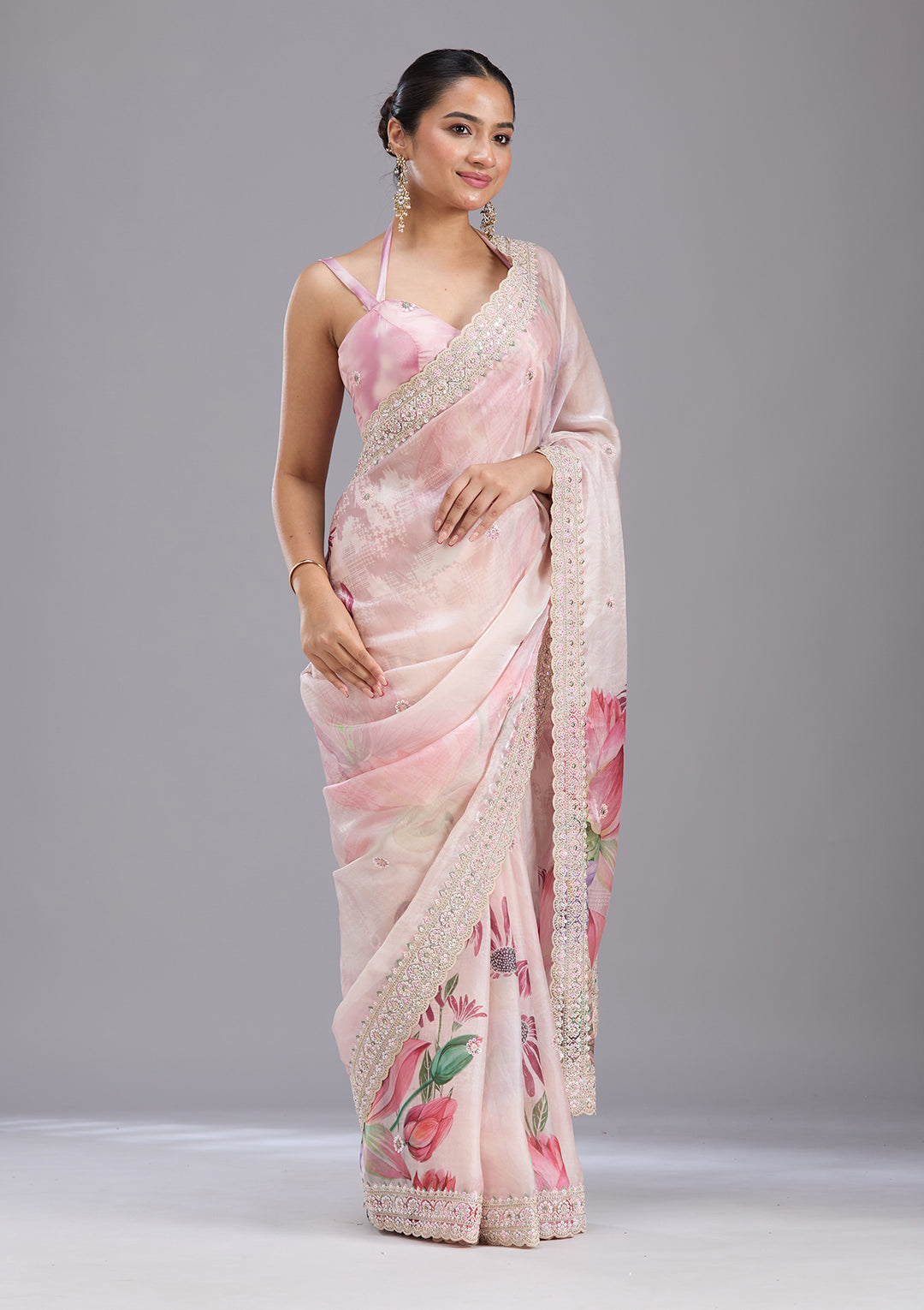 Baby Pink Sequins Tissue Saree