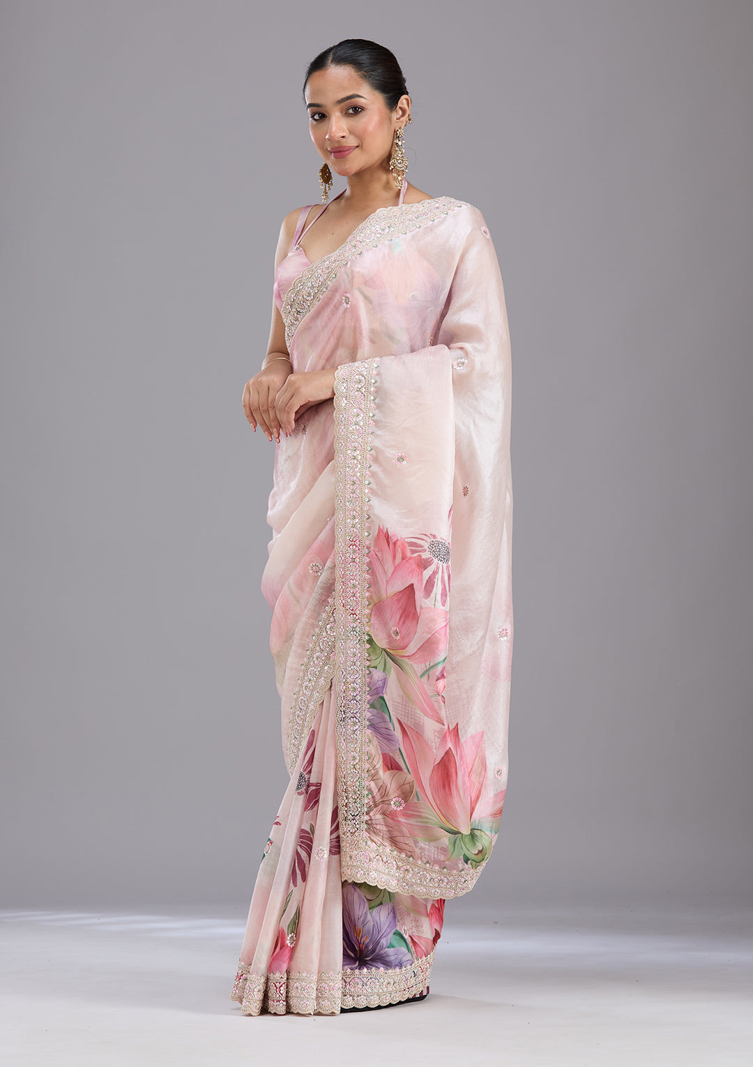 Baby Pink Sequins Tissue Saree