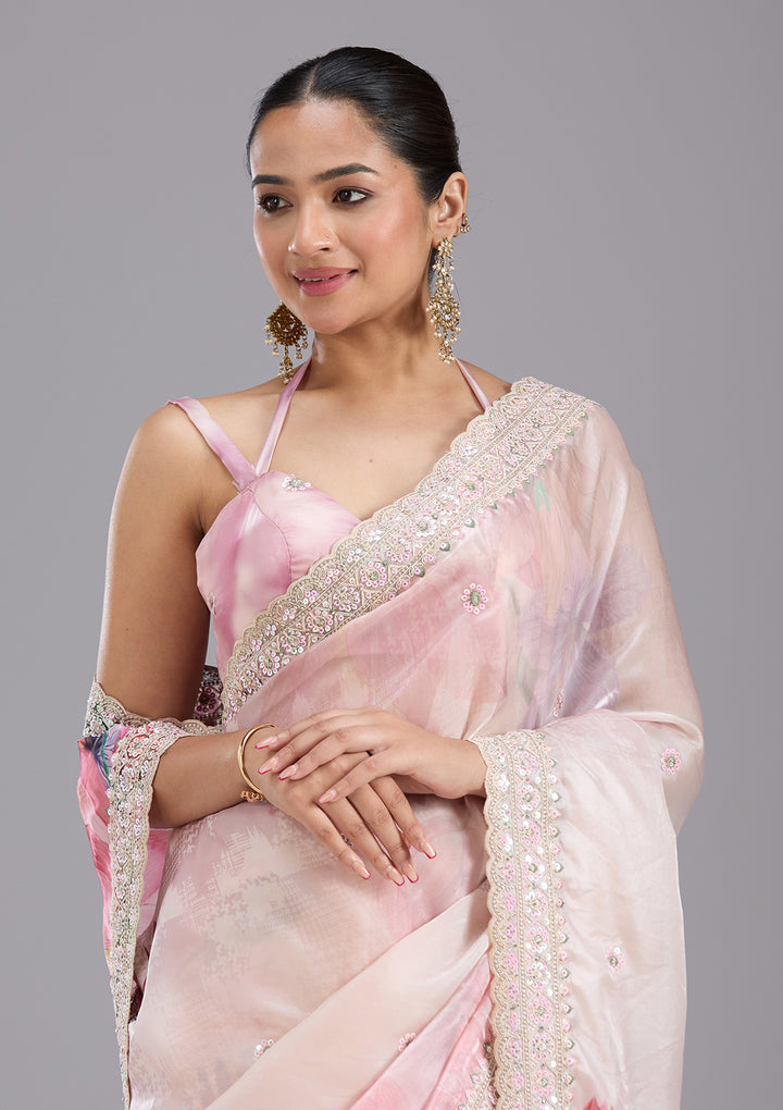 Baby Pink Sequins Tissue Saree
