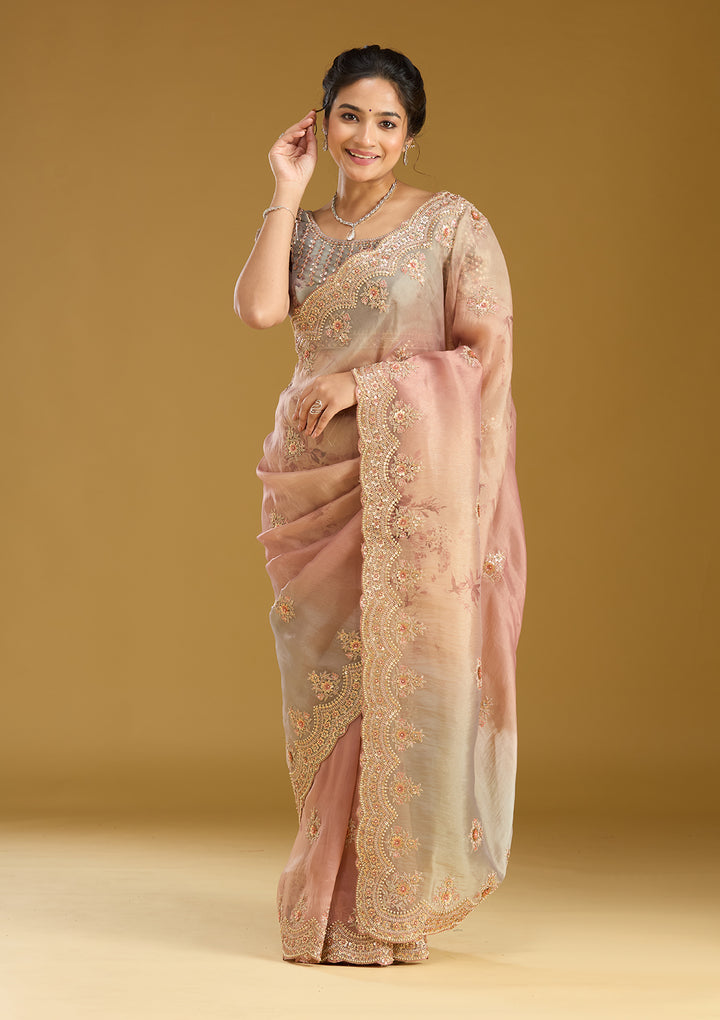 Rust Sequins Organza Saree
