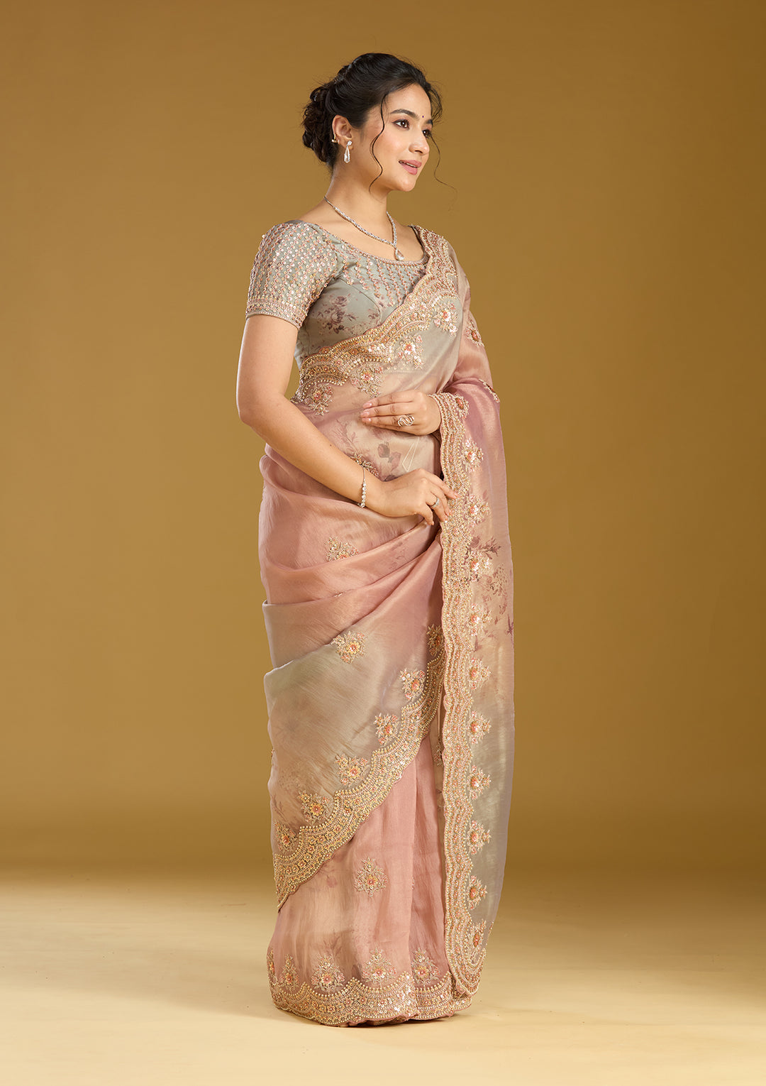 Rust Sequins Organza Saree