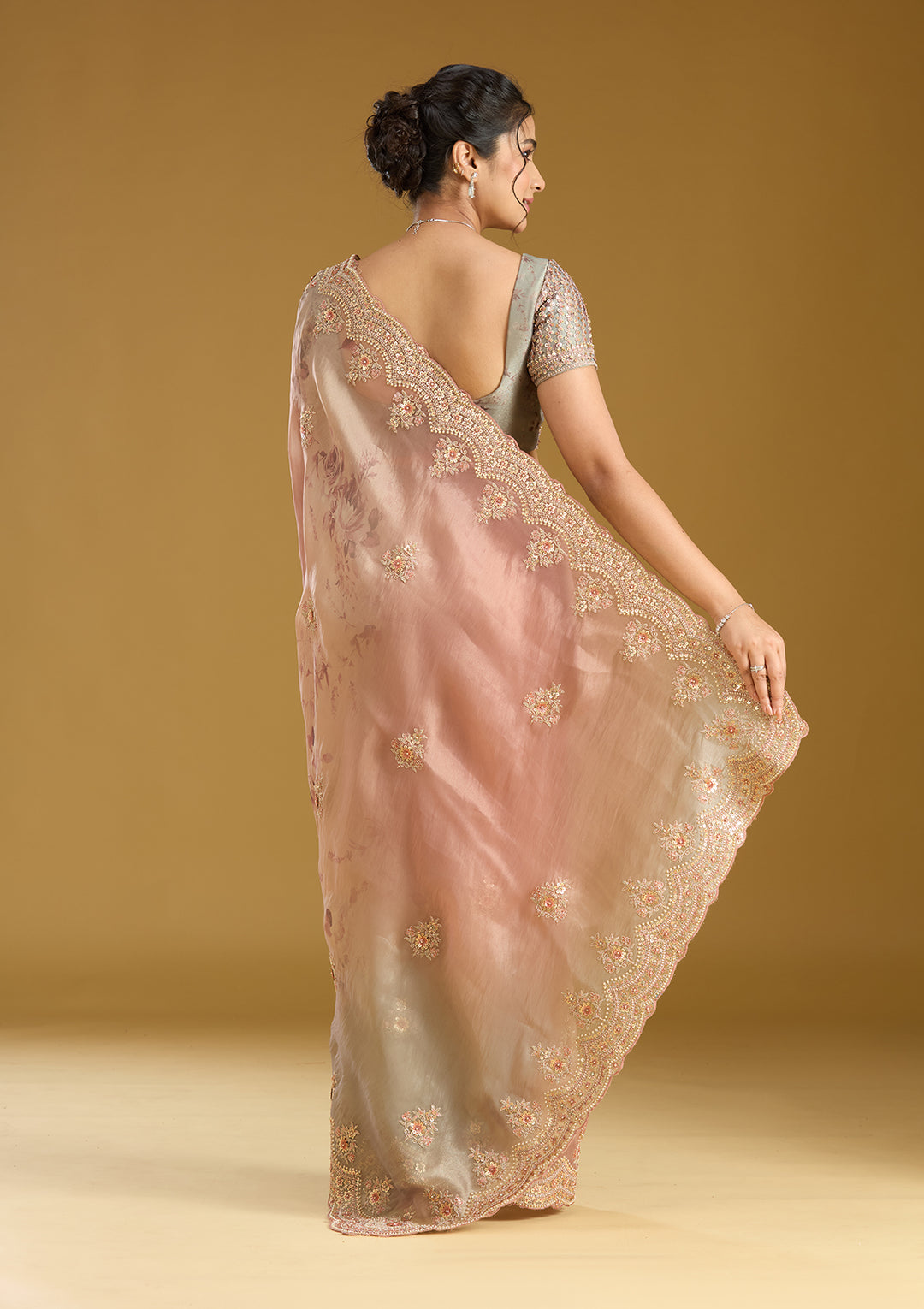 Rust Sequins Organza Saree