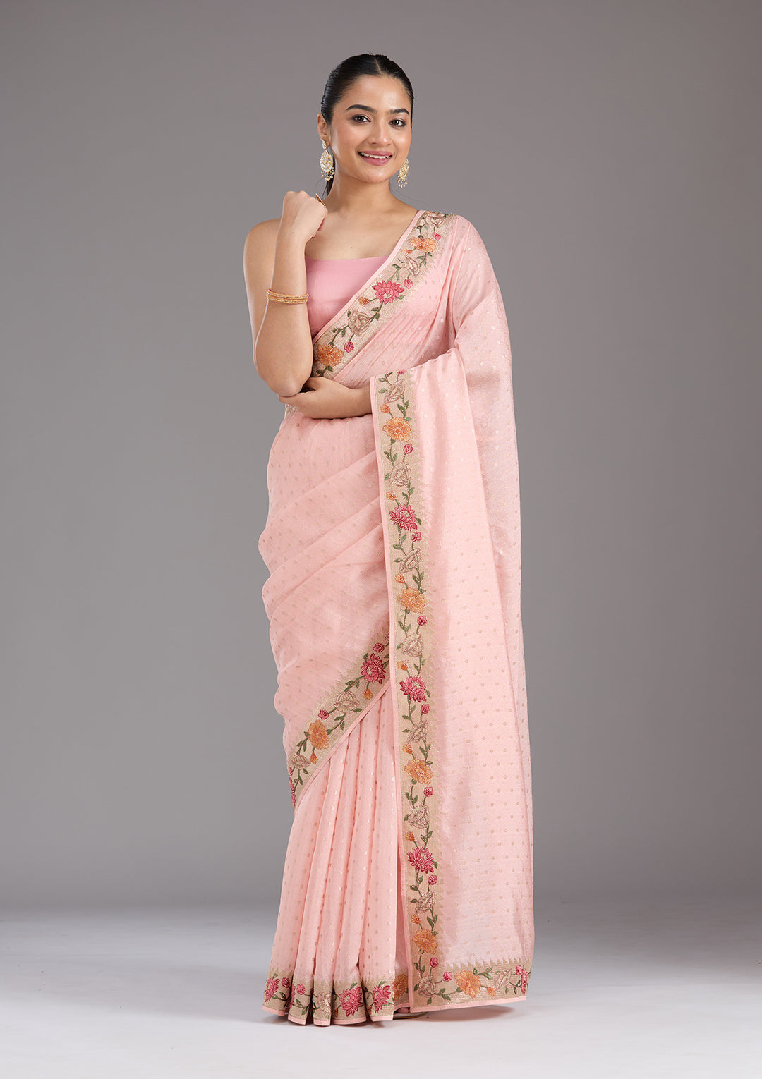 Baby Pink Tissue Threadwork Saree With Matching Blouse Piece