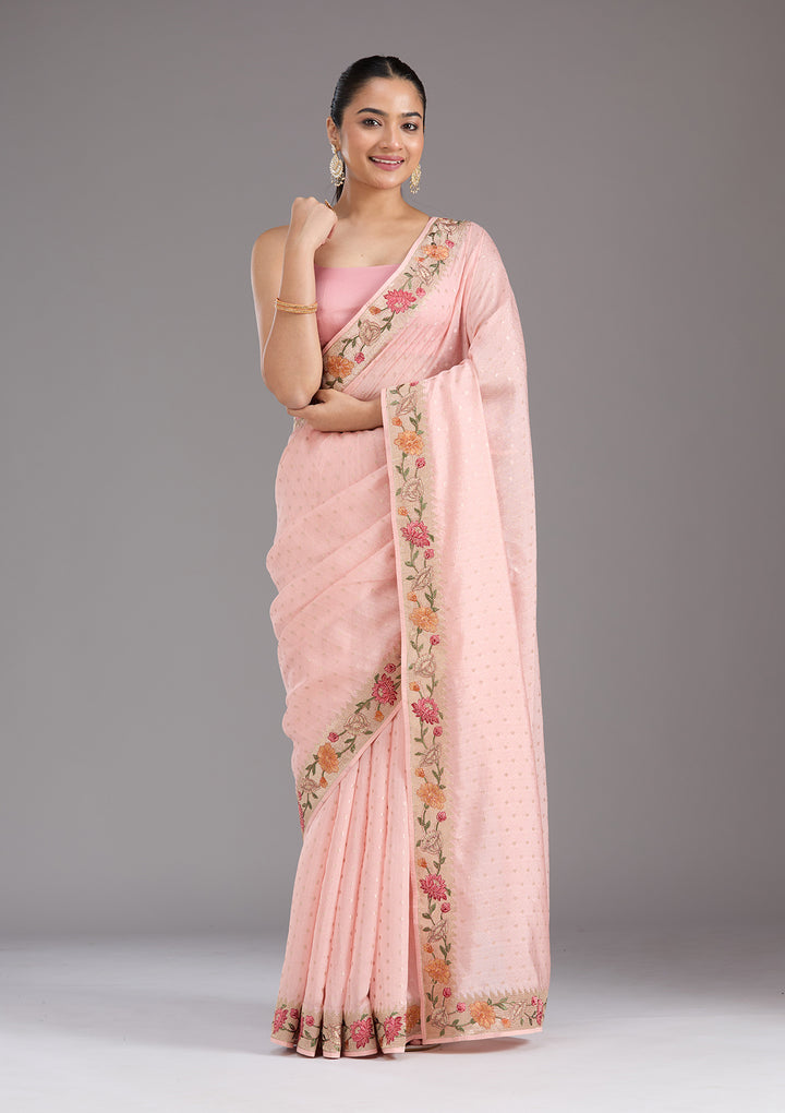 Baby Pink Tissue Threadwork Saree With Matching Blouse Piece