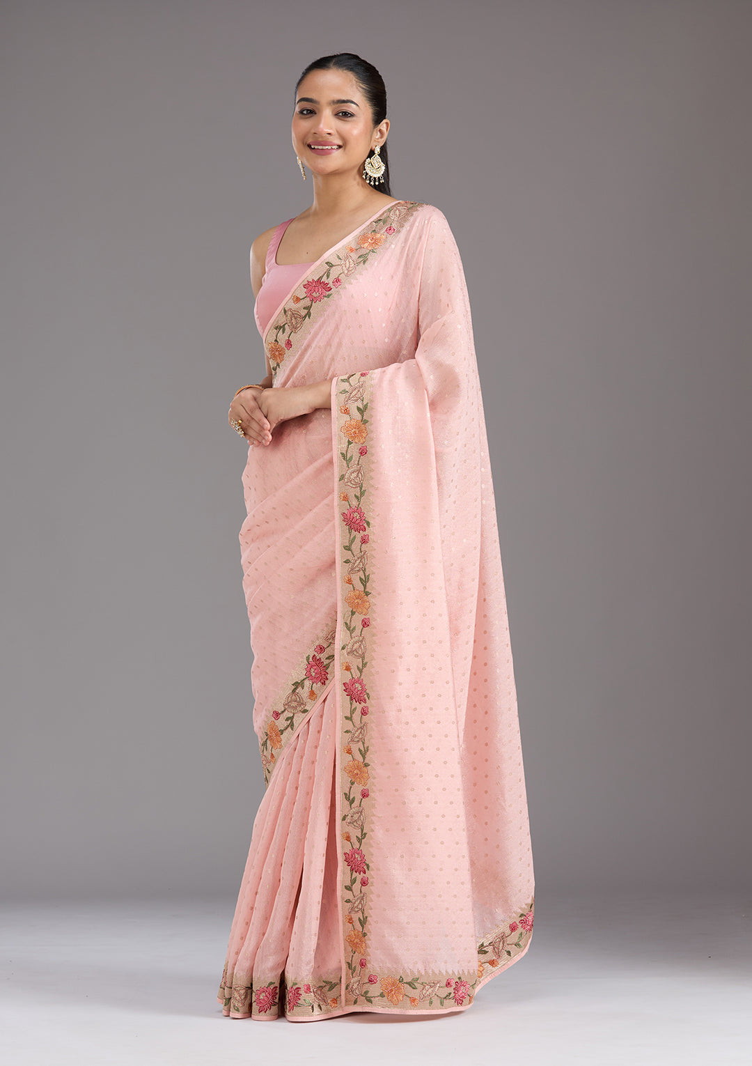 Baby Pink Tissue Threadwork Saree With Matching Blouse Piece