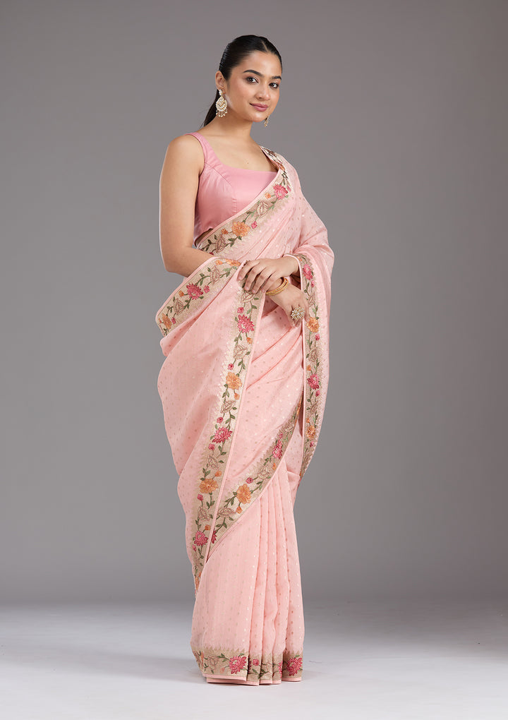Baby Pink Tissue Threadwork Saree With Matching Blouse Piece