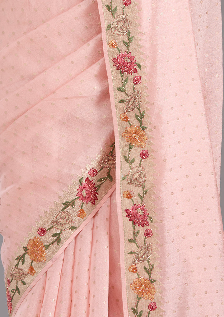 Baby Pink Tissue Threadwork Saree With Matching Blouse Piece