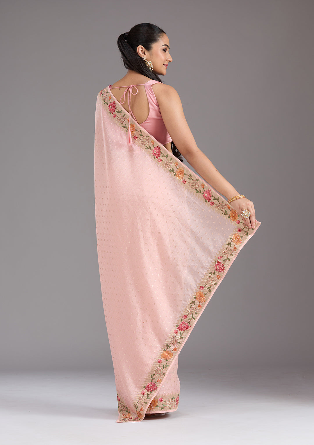 Baby Pink Tissue Threadwork Saree With Matching Blouse Piece