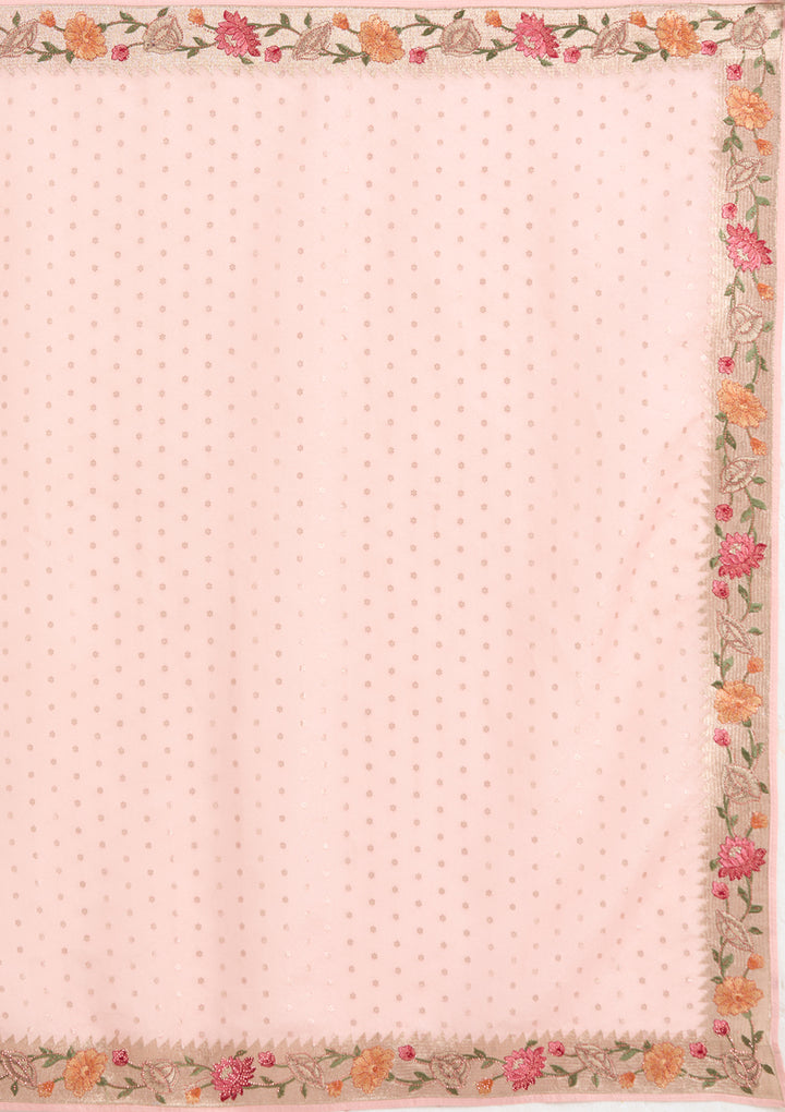Baby Pink Tissue Threadwork Saree With Matching Blouse Piece