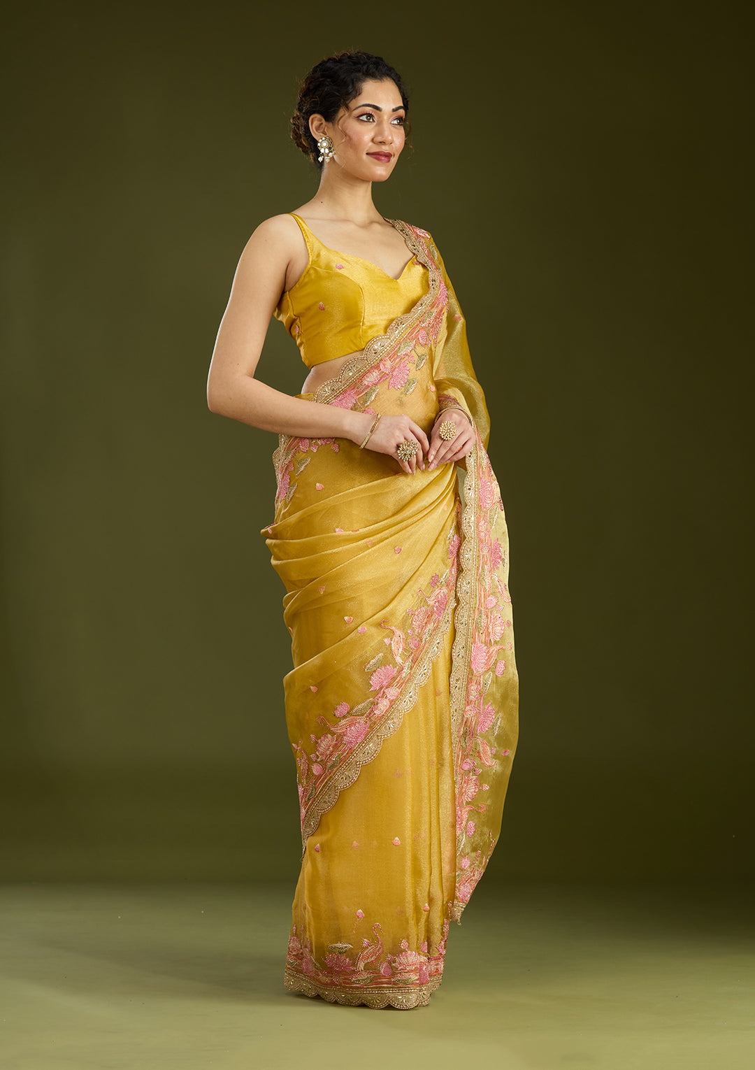 Mustard Threadwork Tissue Saree