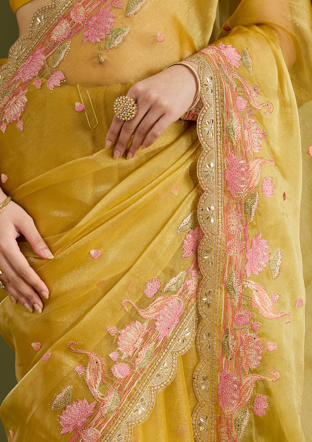 Mustard Threadwork Tissue Saree