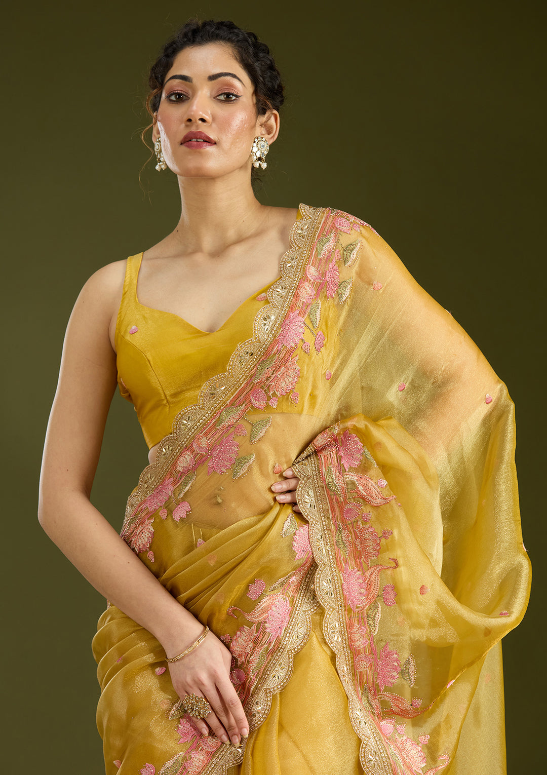 Mustard Threadwork Tissue Saree