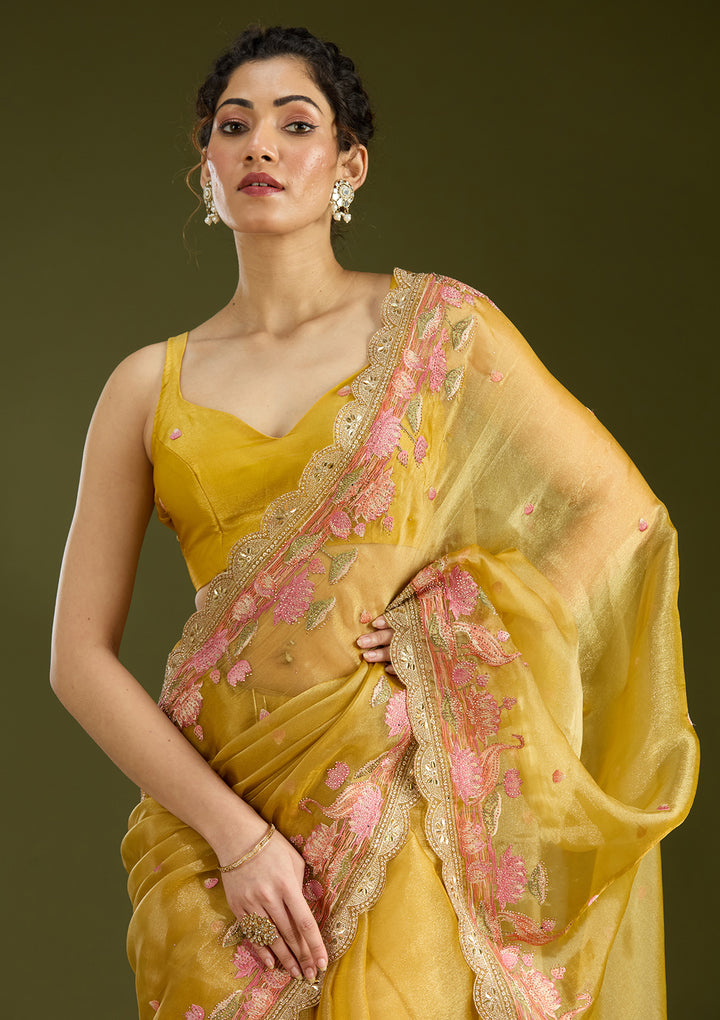 Mustard Threadwork Tissue Saree
