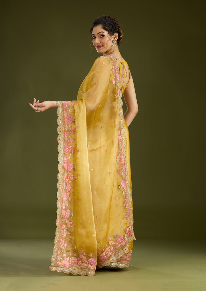 Mustard Threadwork Tissue Saree
