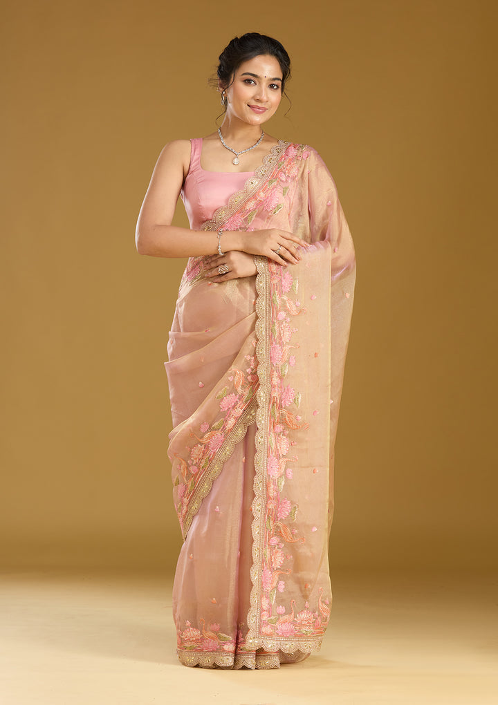 Onion Pink Threadwork Tissue Saree