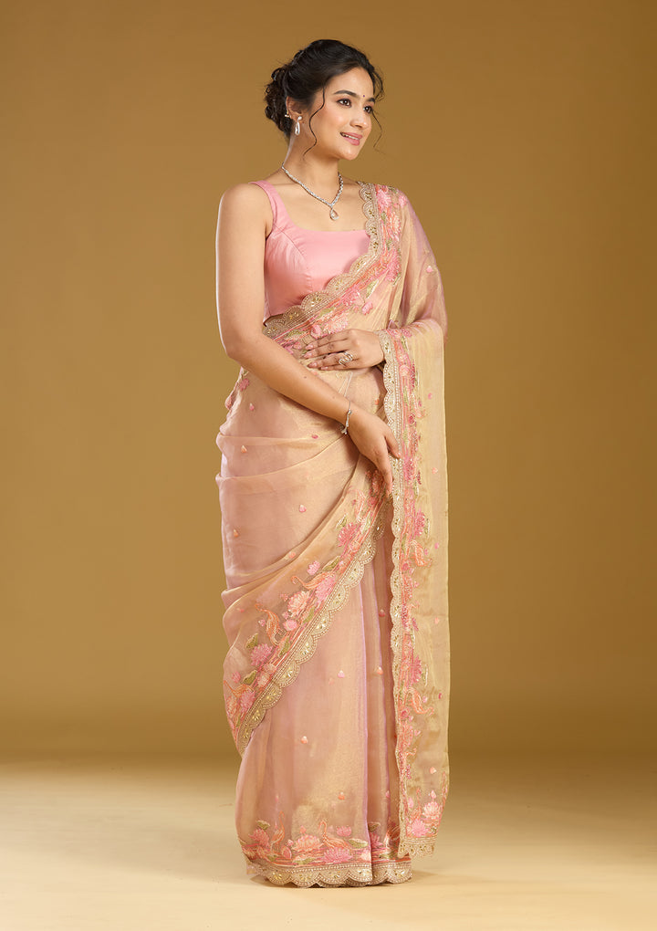 Onion Pink Threadwork Tissue Saree