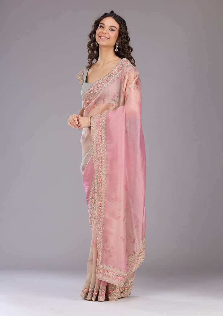 Baby Pink Sequins Organza Saree